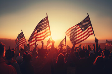 Group of people waving American flags at sunset. Crowd holding up American flags outdoors.
