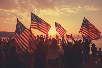 America celebrate 4th of July. Group of people waving American flags at sunset. Crowd holding up American flags outdoors.