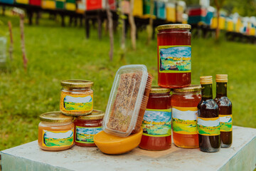 Natural honey products photographed at a honey farm. Pollen, honey and various honey products
