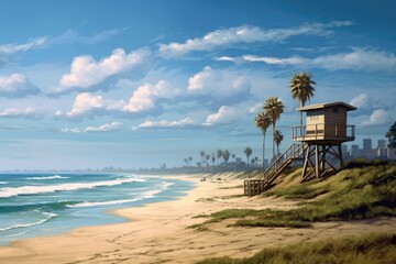 Beach with palm tree and life guard tower by the sea. Generative AI