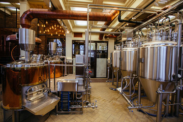 Fototapeta na wymiar Private microbrewery in bar. Craft beer production