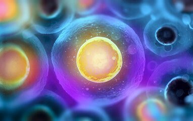 Human (animal) cell under microscope (3D illustration) - obrazy, fototapety, plakaty