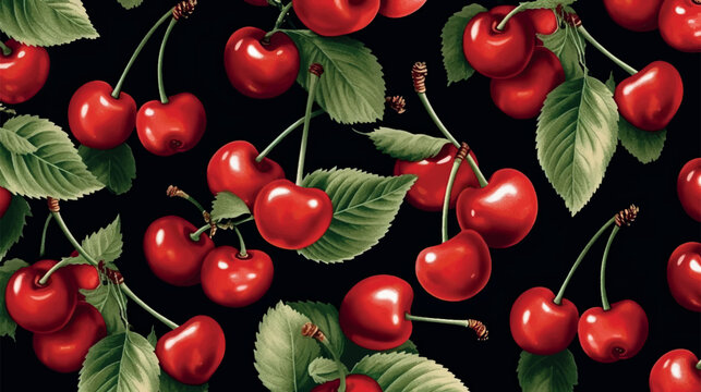 Vector illustration of sweet cherry berries texture. Cherry pattern for printing on fabric, paper, wallpaper. Ripe 3d cherry illustration. Abstract cherry print, banner. Fruit berry background.