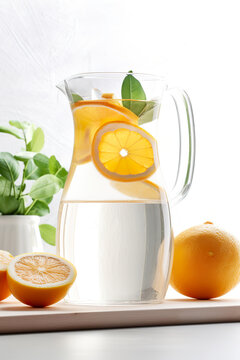 Refreshing Citrus Infusion: Water Jug with Oranges.