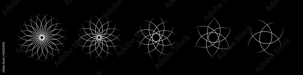 Poster pattern of overlapping arcs and circles, white line icons set vector illustration. abstract rings in