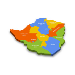 Zimbabwe political map of administrative divisions - provinces. Colorful 3D vector map with country province names and dropped shadow. - obrazy, fototapety, plakaty