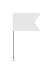 White flag on wooden toothpick. Paper topper for cake or other food isolated on white background. Blank mockup for advertising and promotions, location mark, map pointer