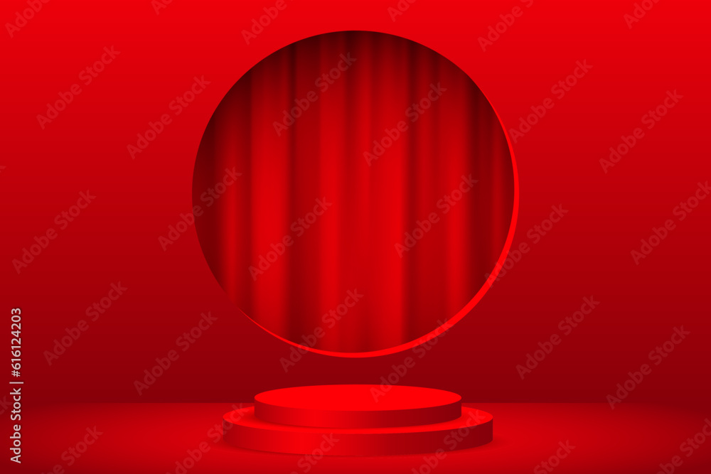 Aufkleber 3d luxury double red podium and red curtain in round window of showcase studio room vector illustrat