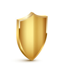 Isometric gold shield vector illustration. Realistic isolated golden armory trophy with metal coat, 3d luxury safety protection emblem, vintage blank shiny royal award
