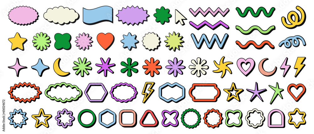 Poster cool abstract geometric shapes. trendy y2k retro badges vector design. sticker label elements. minim