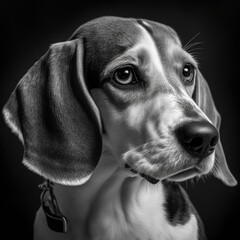 Studio shot with cute beagle dog portrait with the curiosity and innocent look as concept of modern happy domestic pet in ravishing hyper realistic detail by Generative AI.