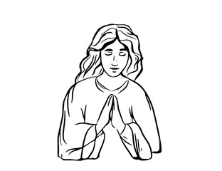 Continuous line drawing of Christian prayer, vector illustration. Jesus man angel is praying Black and white drawing