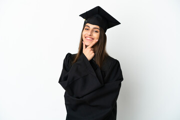 Young university graduate isolated on white background happy and smiling
