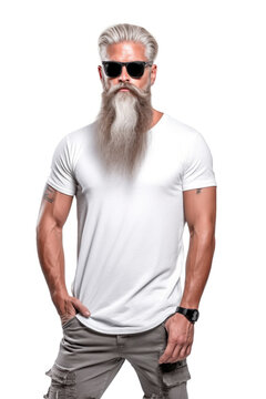 Athletic body man with long beard in a white t-shirt mock up Generative AI