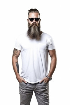 Athletic body man with long beard in a white t-shirt mock up Generative AI