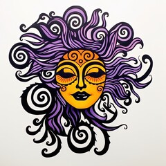 Fototapeta na wymiar Curly haired goddess in quirky purple illustration style. Generative AI