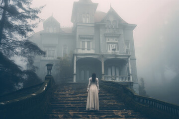 Ghost a victorian woman and old haunted mansion. Horror house - obrazy, fototapety, plakaty