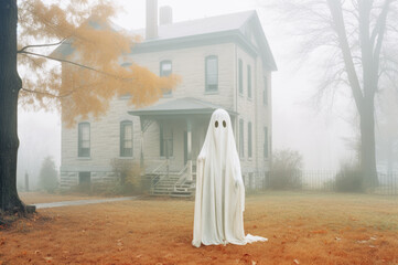 Halloween ghost costume in backyard of old haunted house