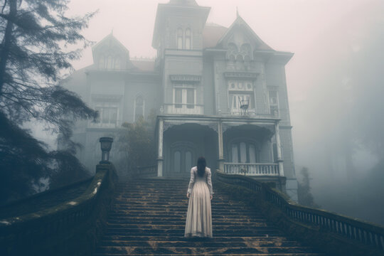 Ghost A Victorian Woman And Old Haunted Mansion. Horror House