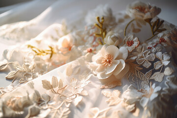 Close up of elegant flower embroidery on wedding dress. 