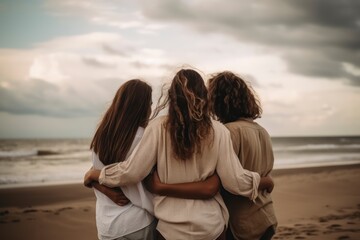Fototapeta premium people friends embracing at the beach facing looking at the sky. Generative AI