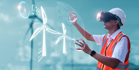 Engineer wearing VR technology simulation inspecting wind turbine power energy levels check up...