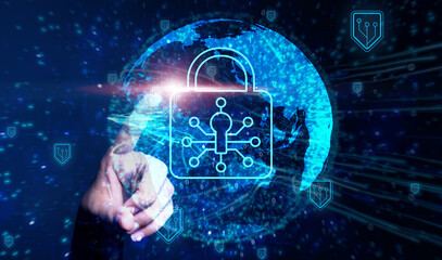 Businessman online global security network protection in personal data, wireless data connection transmission technology, ai internet telecommunication connecting people smart devices, blue background