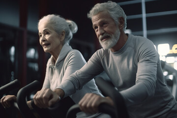 Senior woman and man in sportswear doing cardio exercise on elliptical machines at gym.