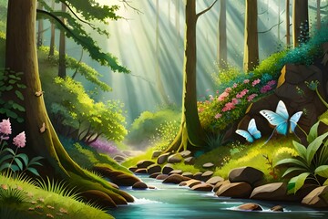 flowing of water in forest with butterflies generated AI 