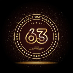 63 year anniversary logo design with double line numbers in gold color, vector template