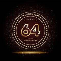 64 year anniversary logo design with double line numbers in gold color, vector template