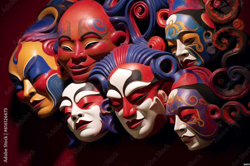 Poster an abstract depiction of noh masks and traditional theater motifs, with intricate patterns and rich,