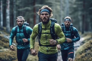 Fototapeta premium Three men practicing hiking in the wild forest nature with backpacks on their backs Generative AI Illustration