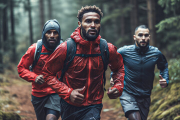 Fototapeta premium Three men practicing running in the wild forest nature with backpacks on their backs Generative AI Illustration