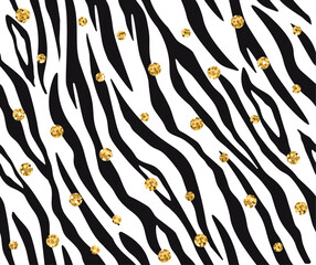 Seamless zebra skin pattern with gold glitter ornaments, vector for fashion, poster, wallpaper, fabric designs