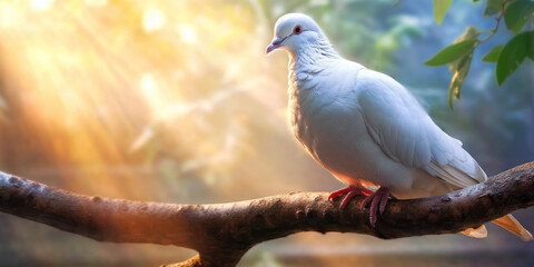 Holy Spirit white dove resting on a tree branch with blurred background and sunlight ray effects Generative AI Illustration - obrazy, fototapety, plakaty