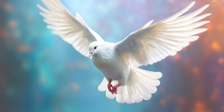 Holy Spirit dove flying with open wings with blurred background and lighting effects Generative AI Illustration