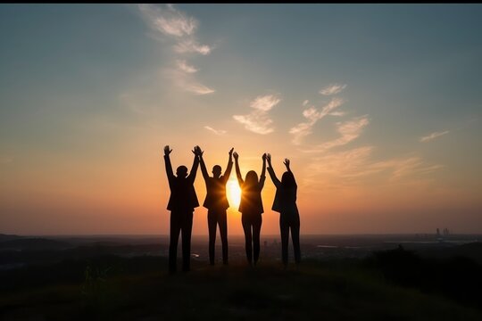 Photo silhouette of happy business team making high hands in sunset sky background. Generative AI