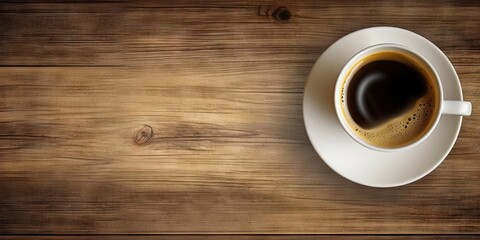 Minimalistic Workspace. White Coffee Cup on Top view Wooden Table