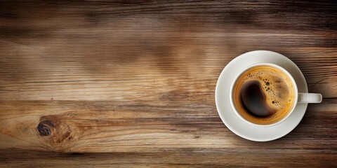 Minimalistic Workspace. White Coffee Cup on Top view Wooden Table