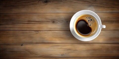 Minimalistic Workspace. White Coffee Cup on Top view Wooden Table