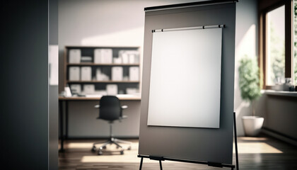 Empty modern room with flipchart ready for meeting, workplace without people prepared for briefing, whiteboard presentation or training.Generative AI