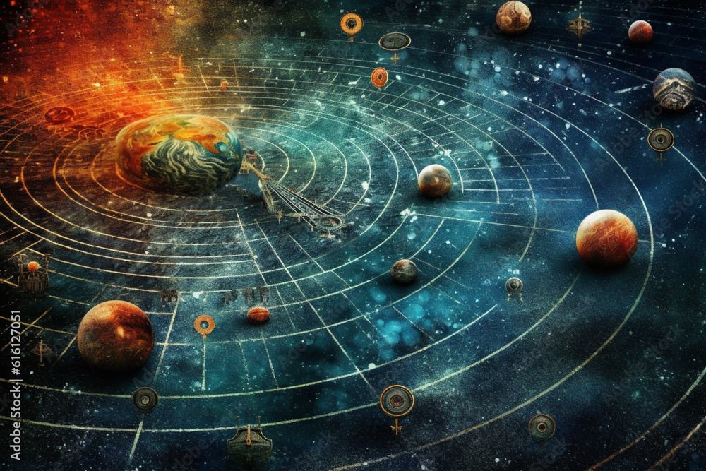 Aufkleber An image showcasing abstract celestial maps and astronomical instruments used by the Babylonians, with intricate patterns and cosmic colors.  Generative AI technology.