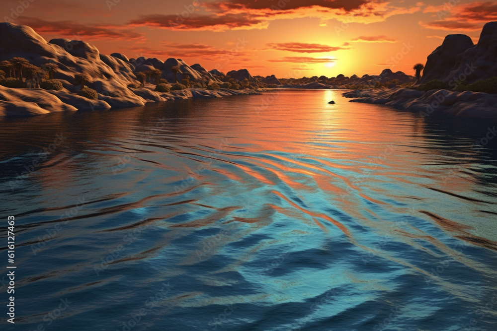 Poster an image showcasing abstract interpretations of the nile river, with flowing lines and serene blue t