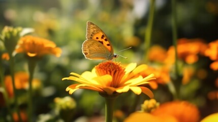 Obraz premium Captivating Flowers, a Yellow Butterfly, and Sunlit Flower in a Fairy-Tale Close-Up.