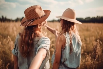 two hipster teenage girlfriends having fun in field. women lifestyle concept. Generative AI