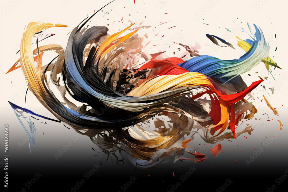 Poster An image featuring abstract interpretations of Chinese calligraphy strokes, with flowing lines and ink-like colors. Generative AI technology.