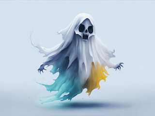 A creepy ghost flies on a blue background