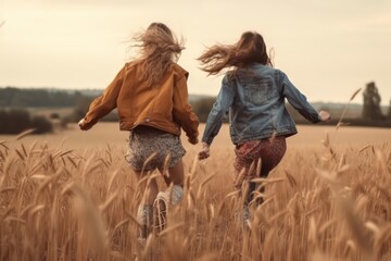 Fototapeta na wymiar two hipster teenage girlfriends having fun in field. women lifestyle concept. Generative AI