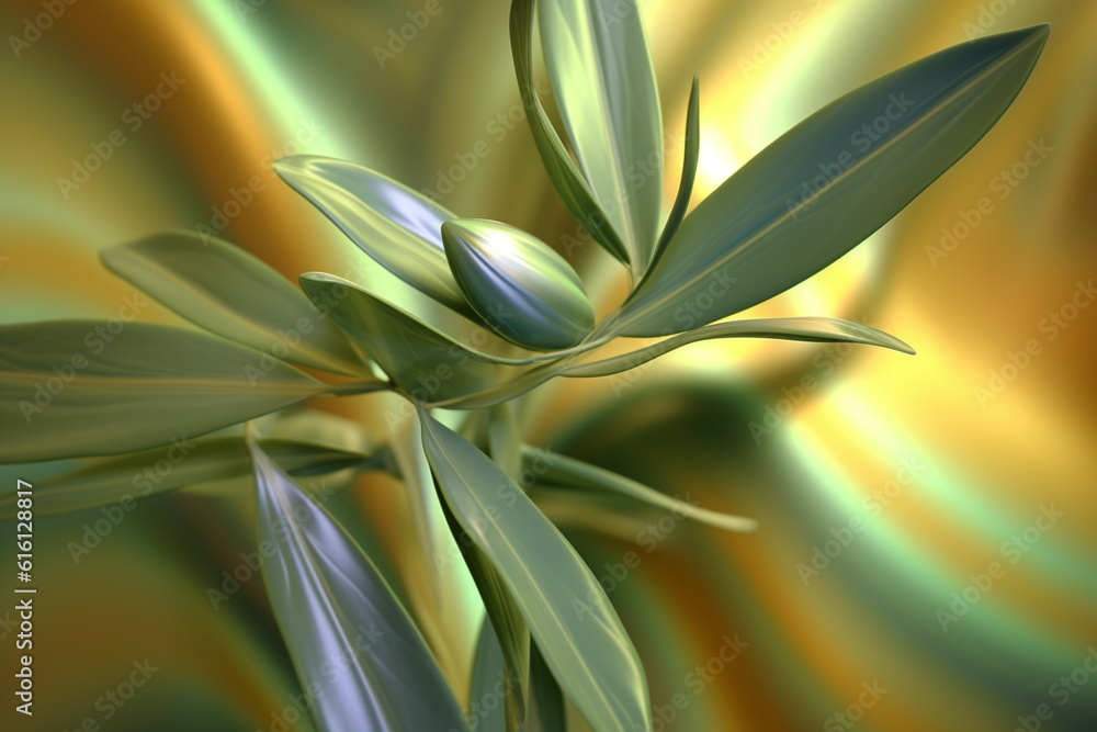 Poster an abstract portrayal of an olive branch, with flowing lines and soothing shades of green. generativ